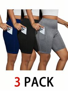 SHEIN Essnce 大码女式可爱紧身裤、紧身裤、四分之一裤、骑行裤、三件套、带口袋的裤子、休闲女裤、健身瑜伽裤、健身服、高弹舒适裤、女式夏季服装、女式骑行短裤套装、女式短裤套装 - 彩色 - 查看 1