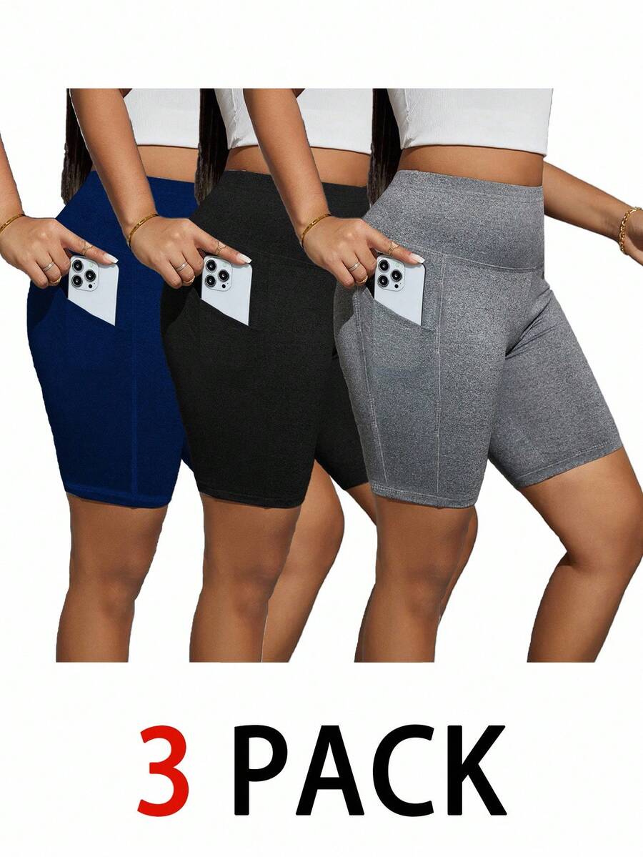 SHEIN Essnce 大码女式可爱紧身裤、紧身裤、四分之一裤、骑行裤、三件套、带口袋的裤子、休闲女裤、健身瑜伽裤、健身服、高弹舒适裤、女式夏季服装、女式骑行短裤套装、女式短裤套装 - 彩色 - 查看 1