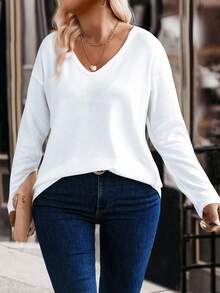 EMERY ROSE Camiseta feminina casual com decote em V e manga comprida, tamanho grande, versátil para outono/inverno - Branco - Ver 3