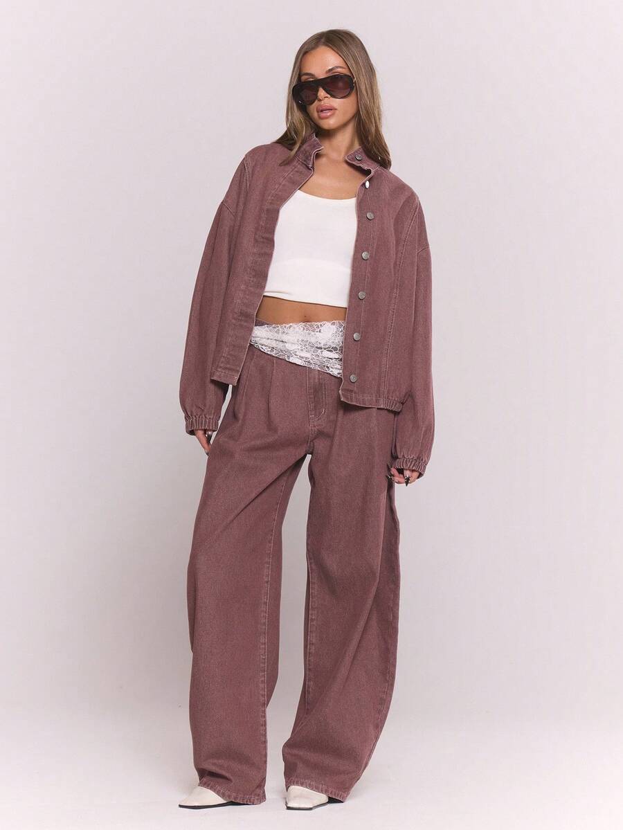 MUSERA Barrel Pleat Washed Denim Jeans Y2k Cool Girl Streetstyle Everyday Casual Fall Autumn Winter Cute Cosy Casual Spring Summer - Red Violet - View 1