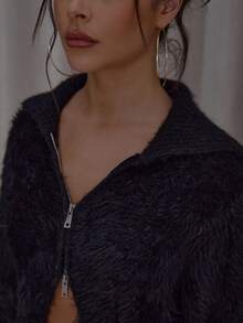 MUSERA Áo cardigan dáng rộng, cổ gập, khóa kéo, chất liệu len mềm mại, phong cách đường phố, dễ thương, thanh lịch, giản dị, gợi cảm, thích hợp đi chơi, dự tiệc, sang trọng. - màu đen - Xem 6