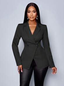 SOLERSUN 女装冬季优雅通勤新年派对情人节女士秋冬西装外套，收腰修身保暖冬季橙色西装外套 - 黑色 - 查看 7