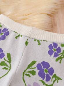Sparklyn Tween 女童紫色花朵针织开衫和裤子套装优雅百搭时尚秋冬复古花卉提花长袖毛衣两件套 - 彩色 - 查看 5