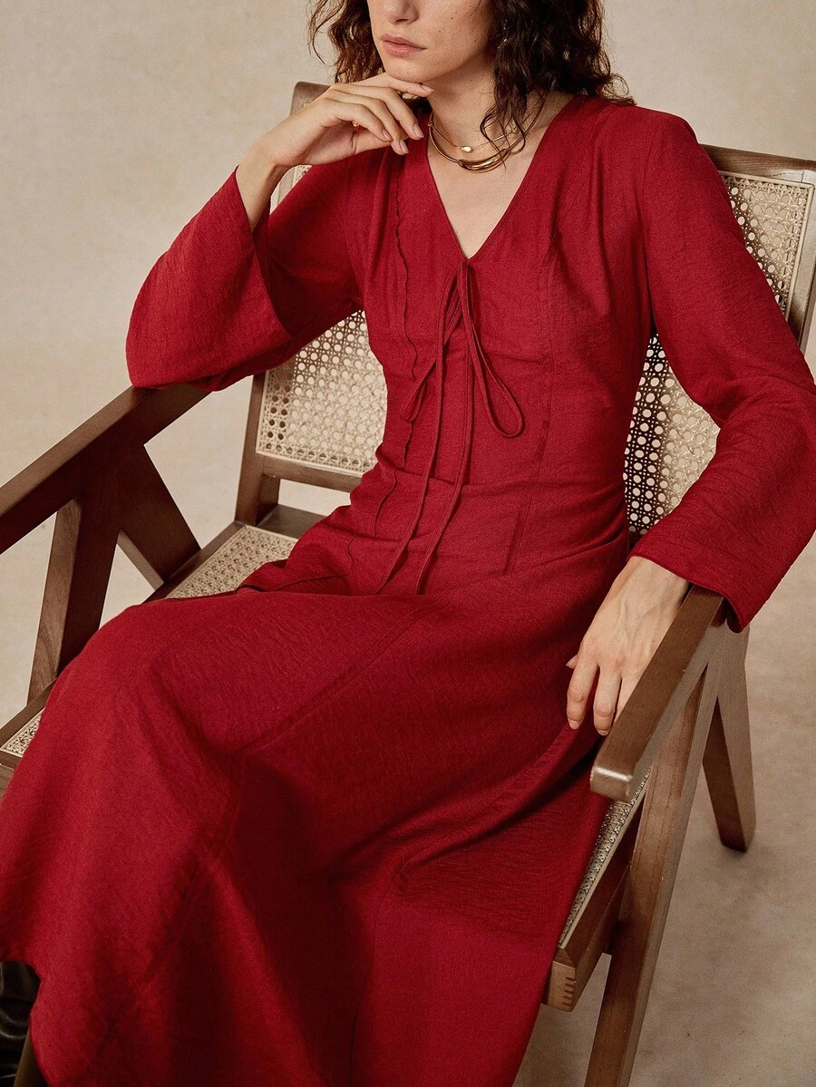 Florisole 女式 V 领前系带长袖连衣裙 - 紅色 - 查看 1