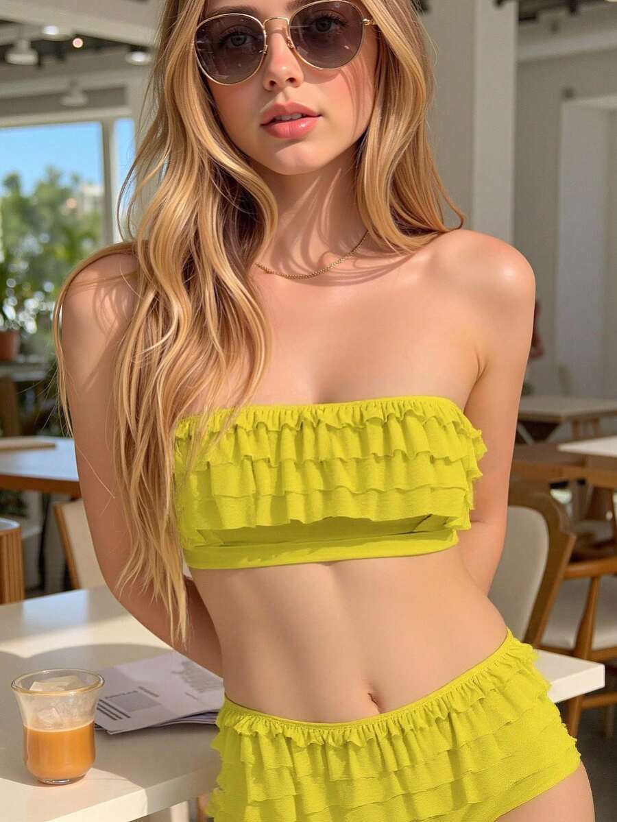 TryMe Dot Mesh Ruffle Tube Top Bandeau Bra - Mustard Yellow - View 1