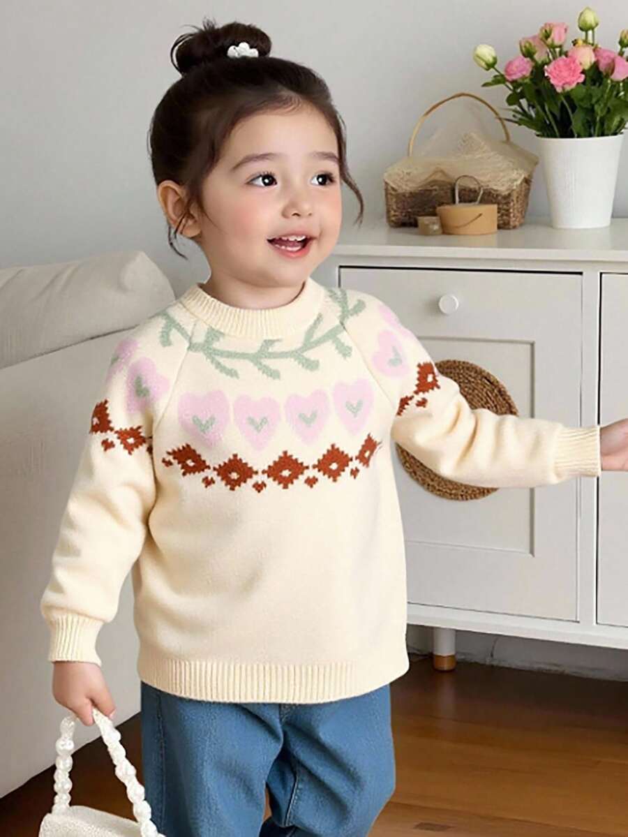 SHEIN 女童粉色心形图案针织毛衣，时尚可爱，长袖圆领套头衫，适合秋冬出游 - 米色 - 查看 1