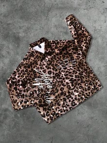 ROMWE MEN Street Life Chaqueta de estilo callejero con estampado de leopardo y texto en inglés, forrada térmicamente, para otoño/invierno - Café integral - Ver 5