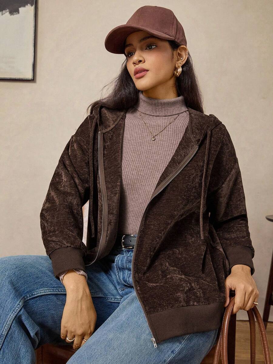 Zelara 复古硬币图案拉链长袖卫衣，大码女款，棕色卫衣，棕色外套，棕色秋冬感恩节卫衣 - 咖啡棕 - 查看 1