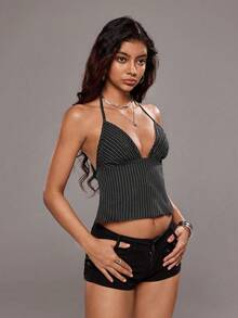 SHEIN PETITE 1 件女式无袖 V 领条纹露背休闲/通勤/复古背心，秋冬 - 黑色 - 查看 5