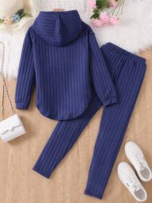 Sparklyn 少女针织罗纹连帽 T 恤，下摆不对称，搭配紧身打底裤，2 件/套 - 藍色 - 查看 2