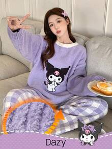 HELLO KITTY AND FRIENDS | SHEIN 女士冬季半羊毛针织卡通刺绣上衣和格子提花裤宽松睡衣套装，秋装 - 紫色 - 查看 3