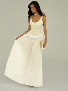 Aloruh 全新合身弹力人字形性感低胸褶皱蕾丝边纯色白色连衣裙