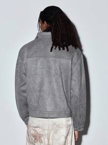 MODCRASH Men Flap Pocket Zip Up Suedette Jacket - Light Grey - View 6