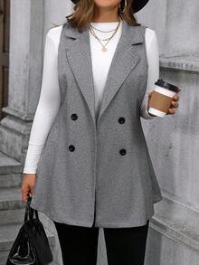 SHEIN CURVE+ Plus Size Women's Elegant Herringbone Thick Woolen Blazer, Notched Collar, Double-Breasted, Contrast Button Design, A-Line Waist, Fashionable, Suitable For Outings, Parties, Dates, Christmas, Sleeveless Woolen Vest - Grey - View 7