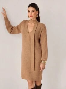 Modelyn Vestido de punto de manga larga con cuello en V y hombros caídos, unicolor, para otoño/invierno - Albaricoque - Ver 7