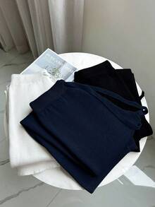 Franclia Quần ống rộng ống đứng lưng cao có dây rút mới dành cho nữ, quần dệt kim dày lót nhiệt - Màu xanh hải quân - Xem 5