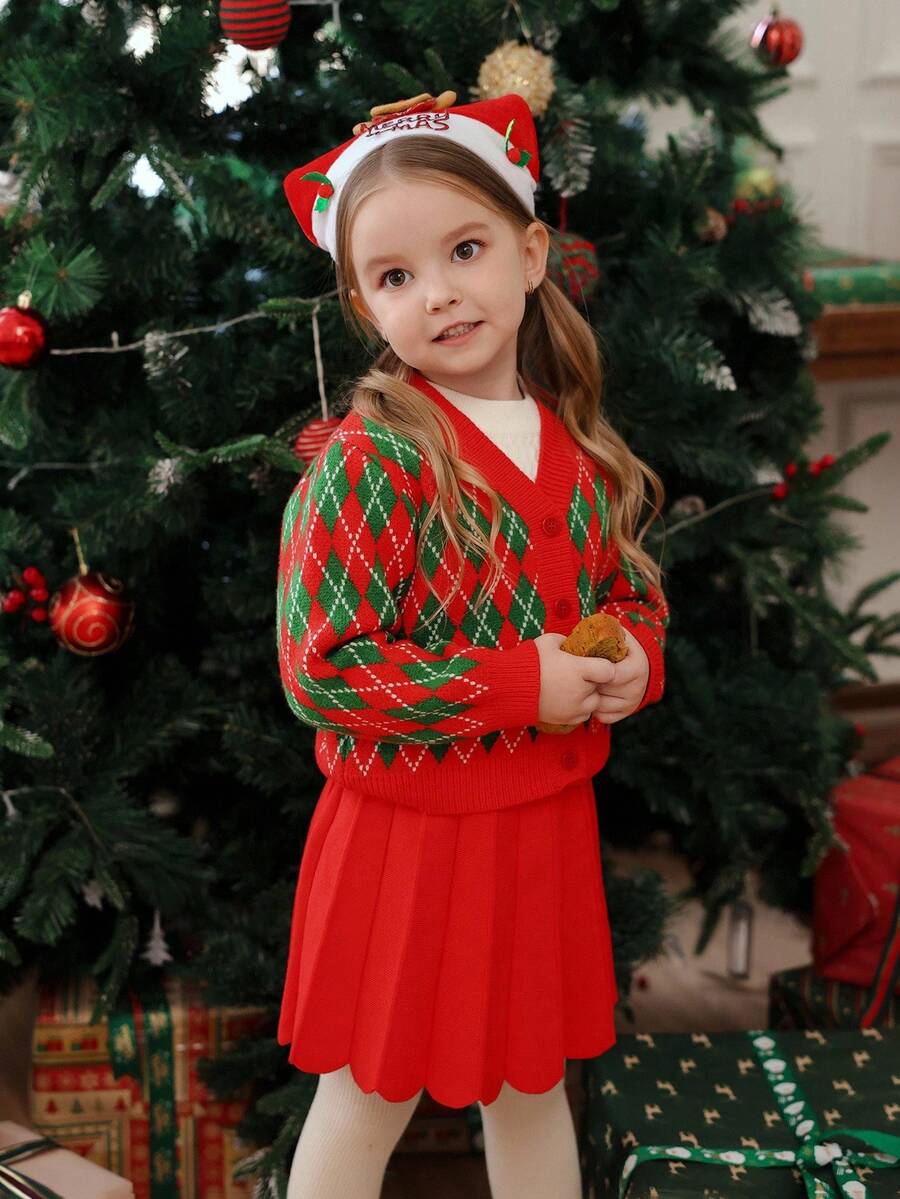 SHEIN Young Girls Christmas Diamond Pattern Sweater & Skirt Set, Winter Fall Winter Christmas Halloween Toddler Cardigan Sweater Autumn Fall Jumpers Sweaters Tops Dress Dresses Christmas Jumper Cozy Pixies Prepcrw Christmas Outfit Halloween  New Born Toddler  Fall Winter Dress Halloween  Romper Stuff Halloween Jumper Jumper Cardigans Shirts White Cardigan Clean Downtown Off The Shoulder Sweater Outfit Sets Pink Sweater Jacket Cute Fall Outfits Outfits Top Maija Christmas Dress  Toddler Fall Dark Purple Skirt Christmas Sweater  Fall Sweaters Unisex White Sweater Vest Skirt Sets - Red - View 1