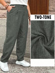 EMERY ROSE Plus Size Linen-Like Textured Multi-Color Casual Commuter Cropped Pants - Cadet Blue - View 3