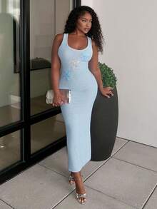 Alexandranx 春夏季度假紧身方领亮片海星长袖修身连衣裙 - 淺藍色 - 查看 4