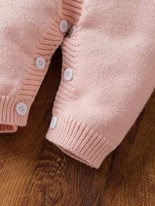 SHEIN 女婴拼色荷叶边领长袖纽扣设计可爱针织连体衣，秋冬 - 粉色 - 查看 7