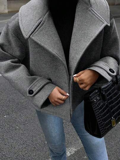 SHEIN PETITE Women's Solid Color Lapel NeckLong Sleeve Double-Breasted Casual Overcoat, Autumn/Winter