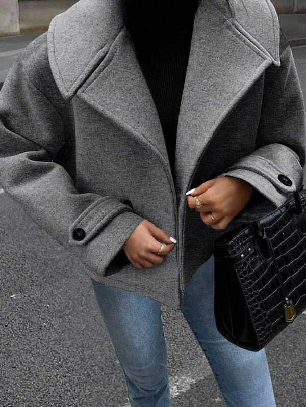 SHEIN PETITE Women's Solid Color Lapel NeckLong Sleeve Double-Breasted Casual Overcoat, Autumn/Winter