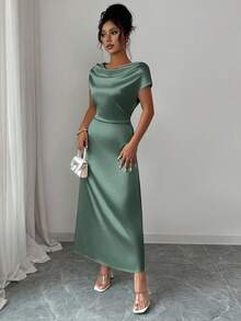 Rafferiza Women's Elegant Date/Commute Turtleneck Tie-Up Satin Short Sleeve Dress - Green - View 4