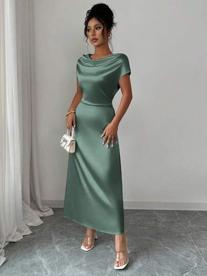 Rafferiza Women's Elegant Date/Commute Turtleneck Tie-Up Satin Short Sleeve Dress