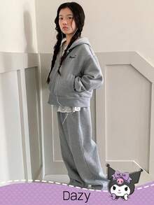 DAZY HELLO KITTY AND FRIENDS | SHEIN 秋冬款少女卡通图案针织连帽卫衣和运动裤套装 - 灰色 - 查看 6