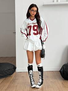 Coolane Women's & Men's Winter Streetwear Rave Outfit Couple Same Style Back To School Game Day Athleisure Number Pattern Lapel V-Neck White Football Oversized Jersey T-Shirt