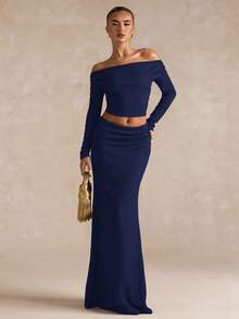 SHEIN BAE Bộ áo trễ vai màu trơn dự tiệc thanh lịch và chân váy đuôi cá - Màu xanh hải quân - Xem 6