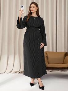 Auralis Plus-Size Women's Black Casual Dress With Flared Sleeves Fall Women's Dress, Halloween Dress, Plus-Size Women's Dress, Fall Dress, Women's High Intelligence Office Dress, Commuting Dress/Fall/Winter
