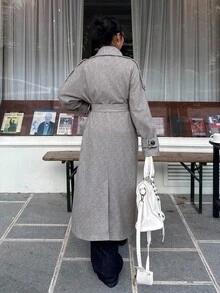 Muchica 1件女士时尚双排扣浅灰色梭织大衣 - 淺灰色 - 查看 3