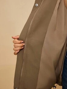 SHEIN VCAY 大码女式户外连帽束腰长袖口袋防溅夹克，休闲徒步风衣，拼色设计，适合秋冬 - 咖啡棕 - 查看 11