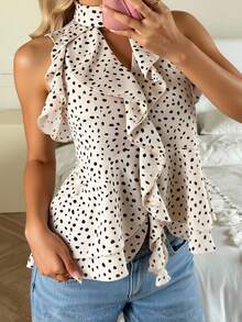 SHEIN EZwear 休闲圆点印花荷叶边挂脖上衣 - 彩色 - 查看 3