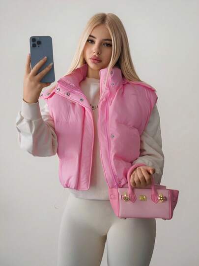 Sweetina 女士秋冬保暖、甜美、可爱又休闲的滑雪装：粉色立领连帽无袖外套叠穿