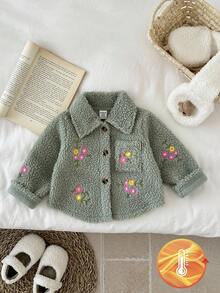 SHEIN 女婴厚羊毛刺绣花领外套夹克，秋冬 - 綠色 - 查看 7