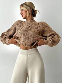 Mock Neck Drop Shoulder Cable Knit Sweater