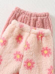 Cozy Pixies 2pcs Baby Girl Floral Print Textured Fleece Elastic Waist Jogger Pants Set Fall Winter - Pink - View 7