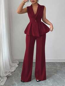 Elenzga 加大码无袖西装外套领口收腰优雅浪漫女士套装 - 酒紅色 - 查看 3