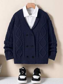 SHEIN 1pc Boys' Retro Style Cardigan, Cable Knit Double-Breasted Classic Striped V-Neck, Regular Sleeve, Neat Hem, Light Gray Classic Knit Sweater, Versatile Casual Jacket, Well-Made, Suitable For Spring And Autumn Fall Winter - Navy Blue - View 1
