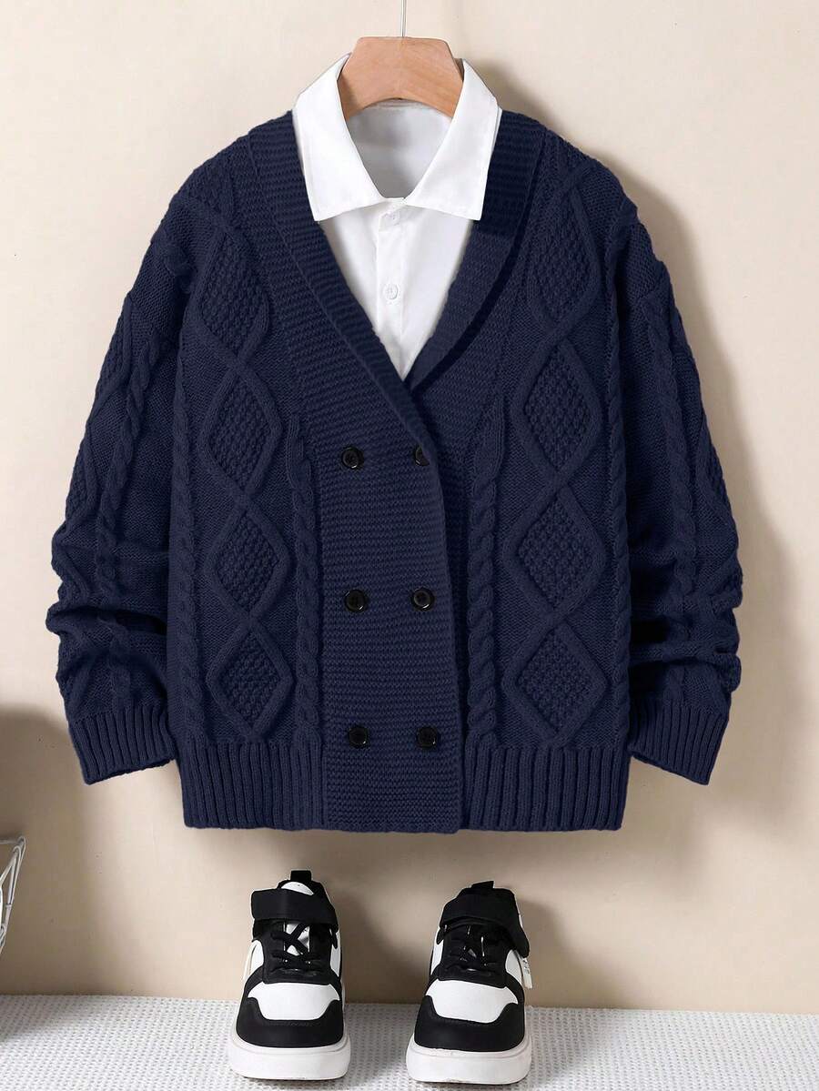 SHEIN 1pc Boys' Retro Style Cardigan, Cable Knit Double-Breasted Classic Striped V-Neck, Regular Sleeve, Neat Hem, Light Gray Classic Knit Sweater, Versatile Casual Jacket, Well-Made, Suitable For Spring And Autumn Fall Winter - Navy Blue - View 1