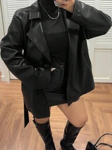 Dazy Plus 大码女士优雅PU皮夹克，翻领系腰设计，秋冬女式外套 - 黑色 - 查看 6