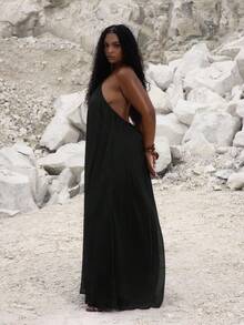 MUSERA 加大码露背飘逸长裙，可爱夏日度假优雅高贵场合假日装扮，性感曲线，派对狂欢长裙 - 黑色 - 查看 3