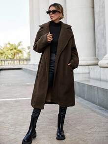 Siren Gaze 女士休闲宽松长袖夹克，秋冬保暖 - 咖啡棕 - 查看 4