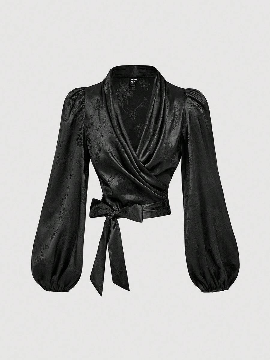 SHEIN MOD 女士黑色提花图案灯笼袖裹身领结衬衫 - 闪亮、休闲、派对、Y2K、复古 - 黑色 - 查看 1