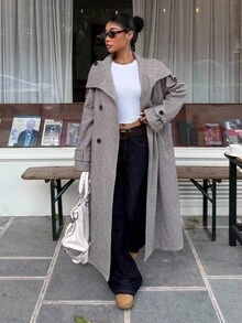 Muchica 1件女士时尚双排扣浅灰色梭织大衣 - 淺灰色 - 查看 2