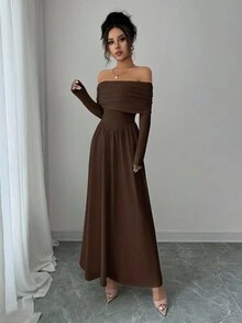 Elenzga Vestido de manga larga con hombros descubiertos y pliegues de unicolor para mujer