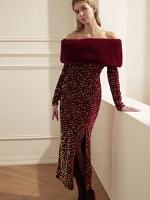 BELROSIE Glamorous Sequin Embellished Off Shoulder Dress With Detachable Faux Fur Collar, High-Slit, Long Sleeve, European Chic - Red - View 4