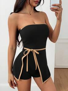 SHEIN PETITE 休闲商务撞色边无袖连衣连衣裙 - 黑色 - 查看 6